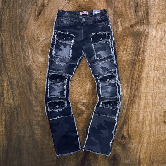 D456 - Premium Washed Cargo Denim W.Frayed Stack Flare Jeans