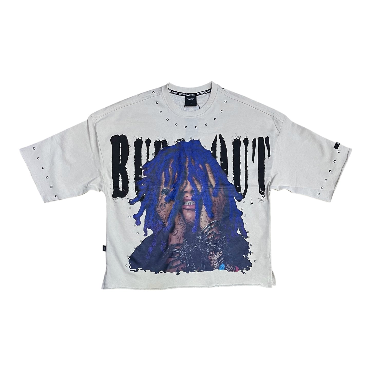 SM6127 - Burn Out with Studs n Pearl Cropped Top Graphic T-Shirt