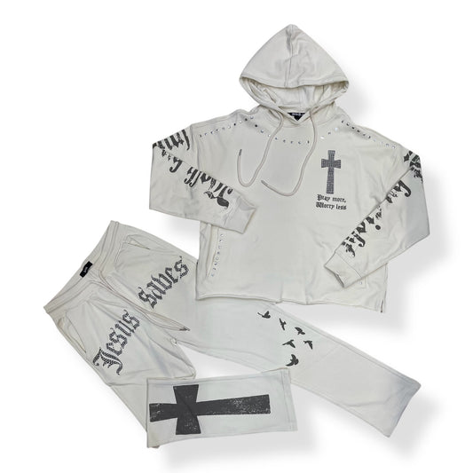 SW5241 - JESUS SAVES CROSS With Rhinestone Hoody & Stacked Fleece Pant (2 Piece Full Set)