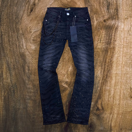 PM004F25-100 - Tiger Strip F&B Rhinestone Stacked Flare Jeans