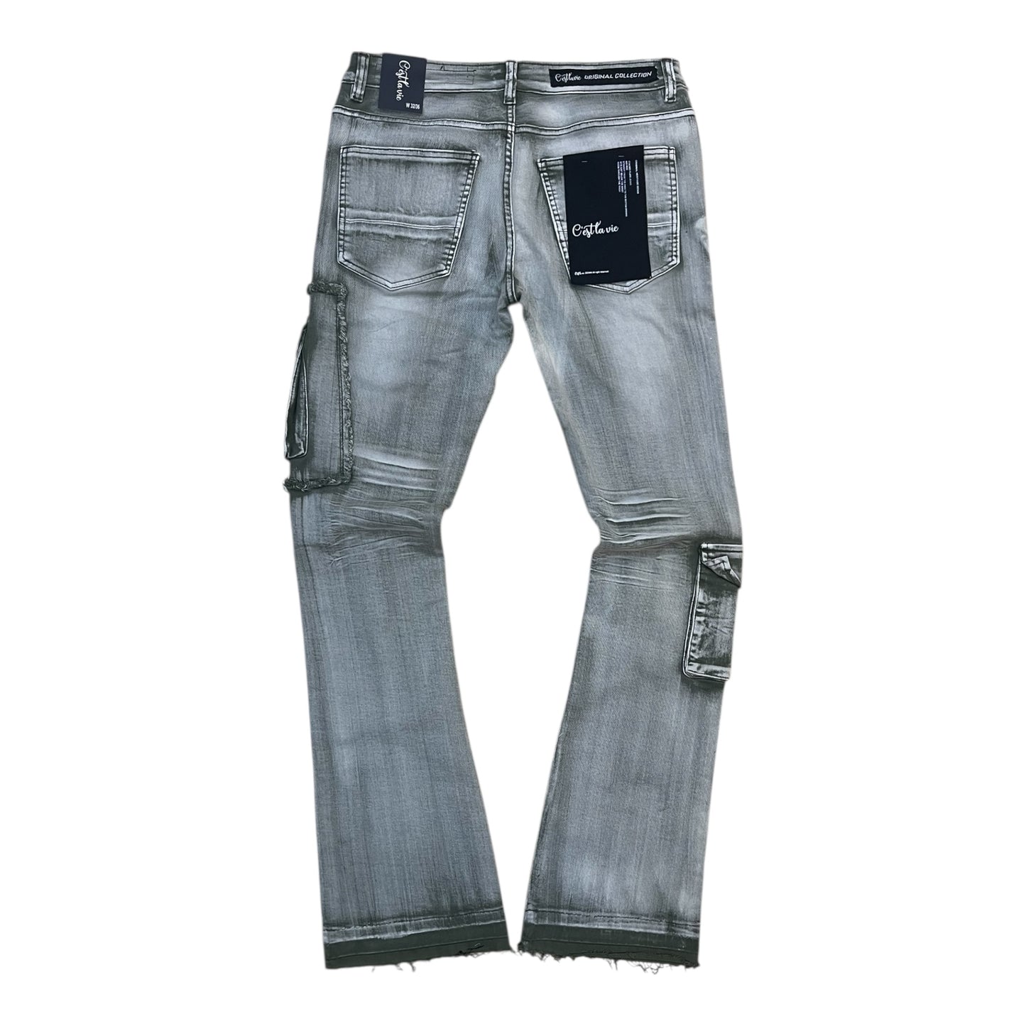 CV1013 - Olive Wash Stacked Flare Cargo Pocket Jeans