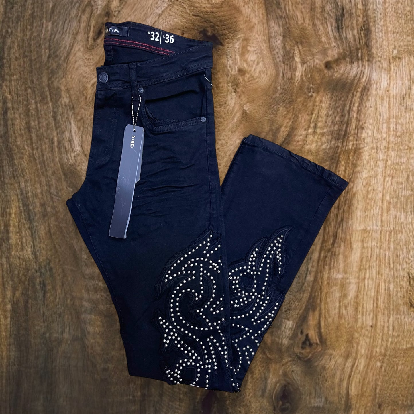P543 - Dark Shdw with Studs Stretchable Stacked Flared Jeans