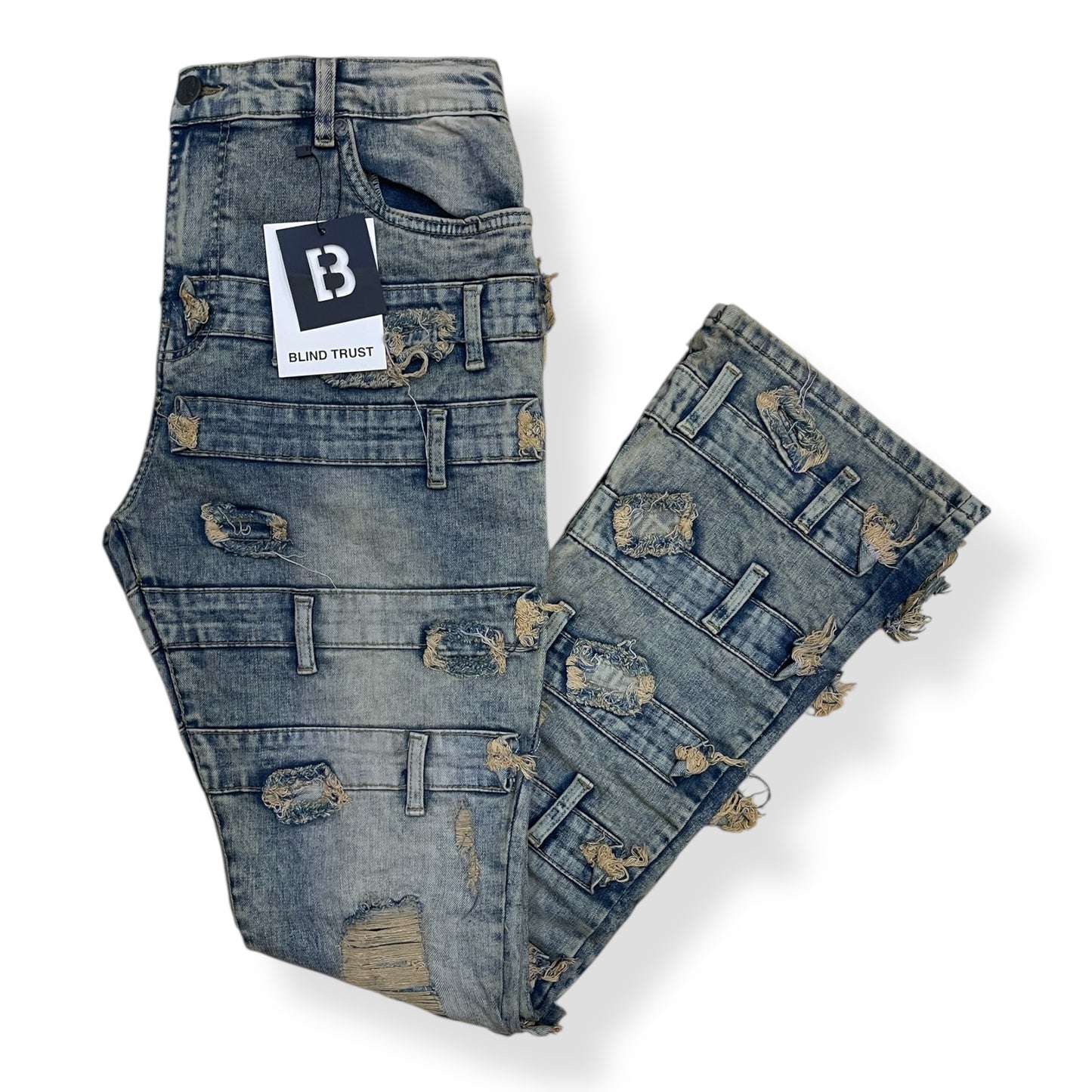 BTP25892 - Belted Pattern Stacked Flare Jeans