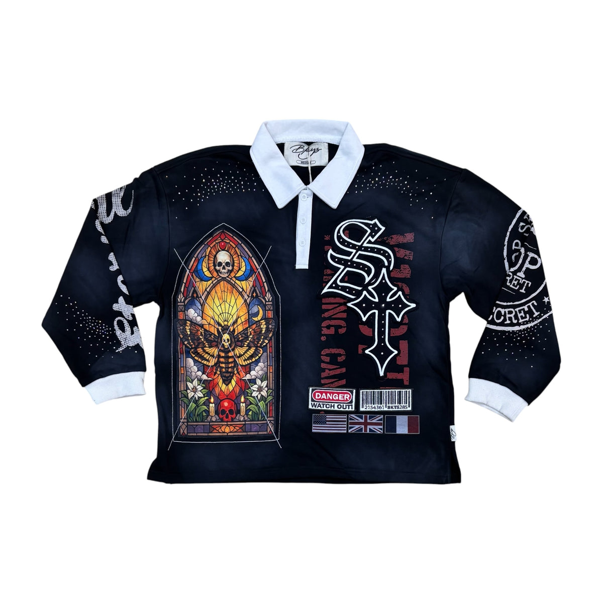 WH-CP1590 - Top Secret with Rhinestones Long Sleeve Polo Boxy Shirt