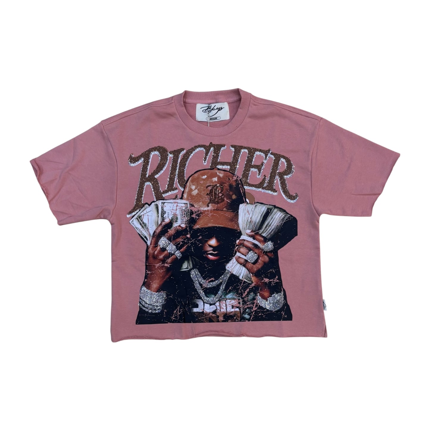 WH-T1516- Richer with Rhinestones Cropped Top T-Shirt