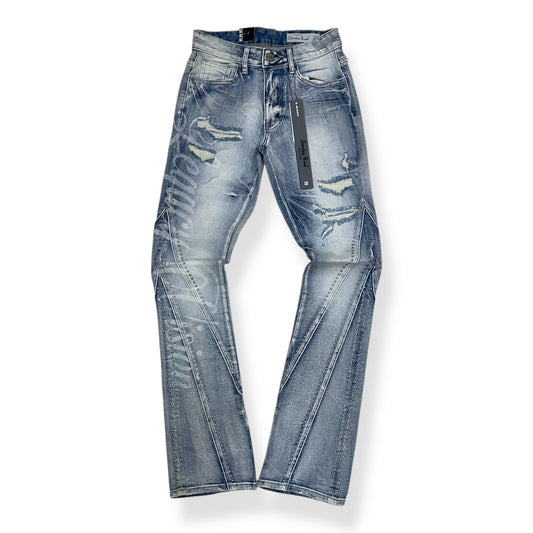 JP25637 - Barbwire Rhinestone Flare Stacked Denim Jeans