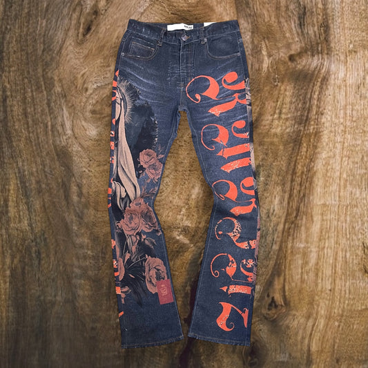 RM201SK - Digital Print Stretchable Stacked Flared Light Weight Denim