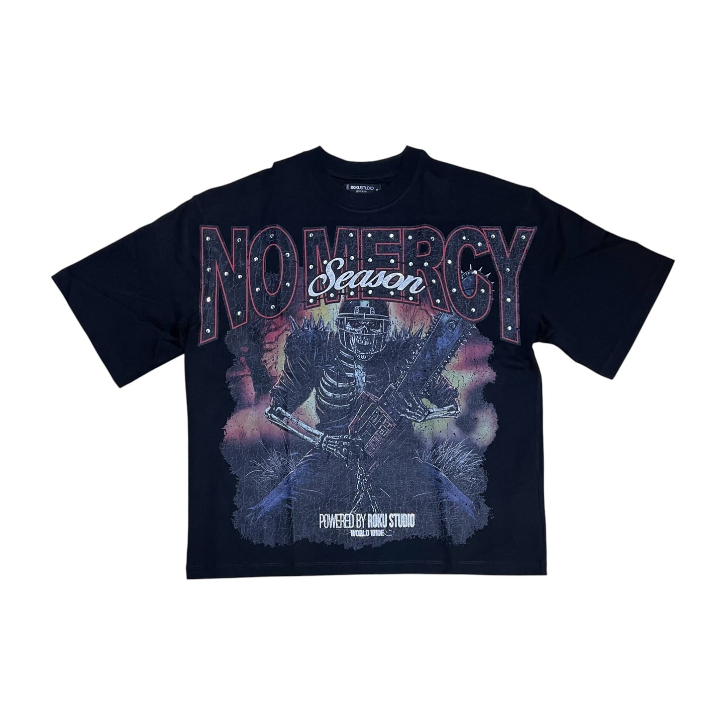 RK1481976 - No Mercy Season Rhinestone n Studs Boxy Graphic T-Shirt