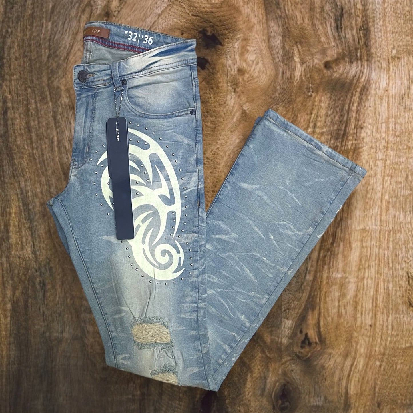 P545 - Tribal Flock with Studs Stretchable Stacked Flared Jeans