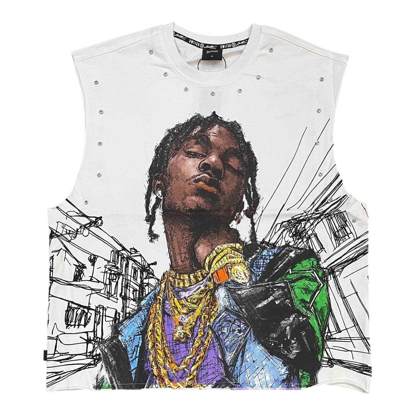 WH-SM6178 - No Fix Just Form Sleeveless Studded Graphic T-Shirt