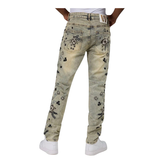 WH-M8730D - Embroidery Floral Print Slim-Fit Jeans