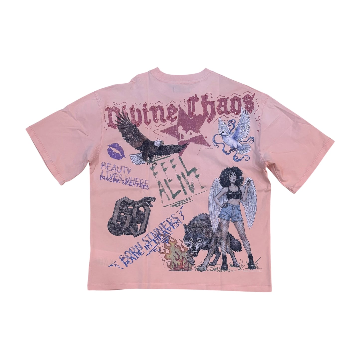 WH-RK1482137 - Divine Chaos Faded with Rhinestones Boxy Graphic T-Shirt