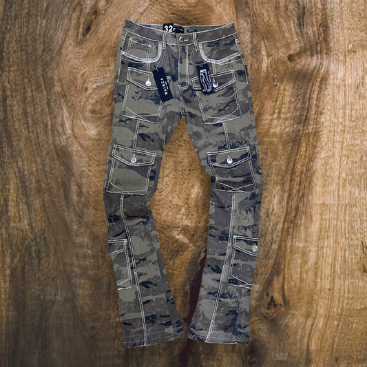 M8268T - Men's Camo Stacked Flare Jeans with Cargo Pockets