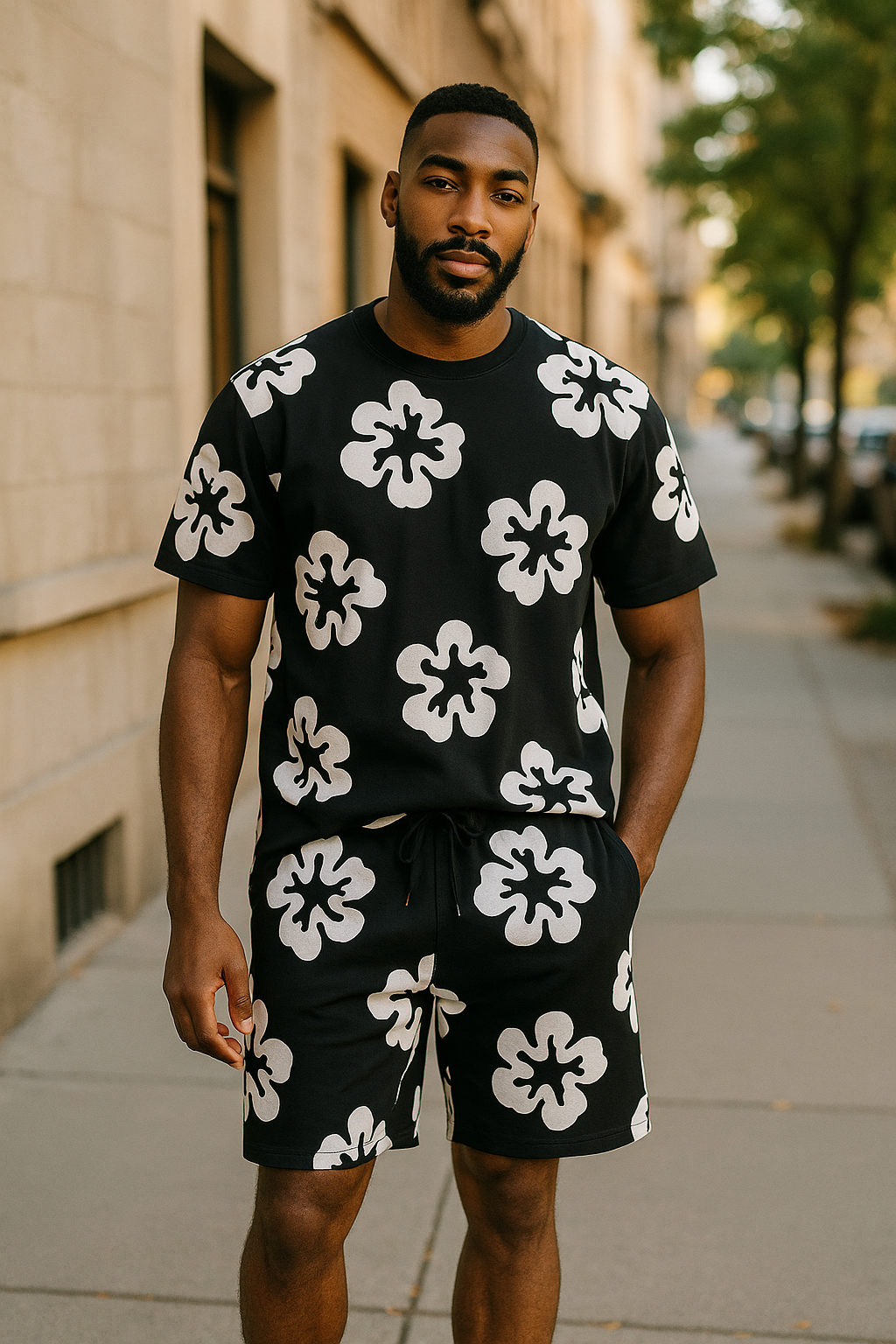 151-160 - Flower Oversized T-Shirt Shorts SET (Black)
