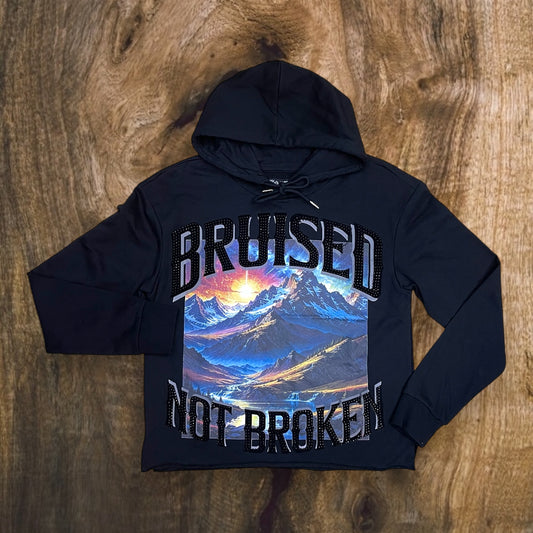 FB2540 - Bruised Not Broken Rhinestone Graphic Cropped Hoodie