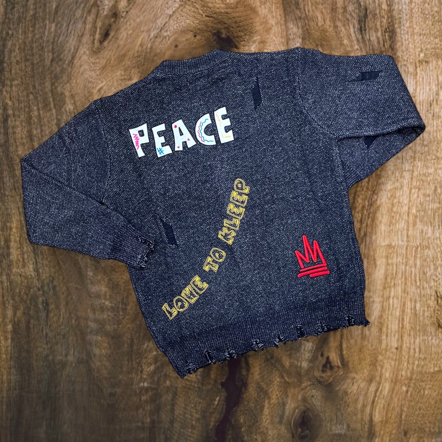 KR9230S - Peace Premium Sweater with Rip-Off Detailed Patched & Embo Works