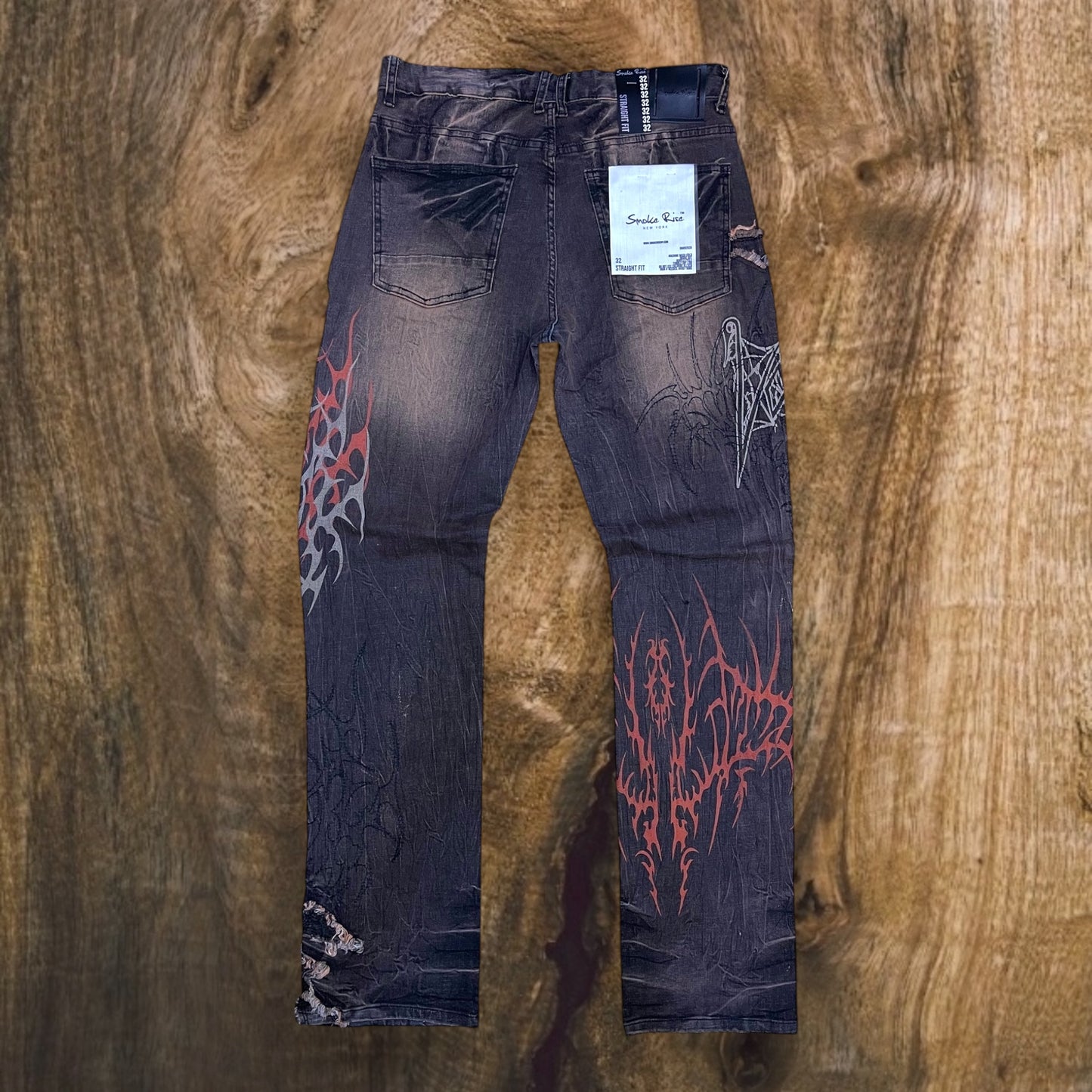 JP25647 - ASCENDED Flame-Pattern with Studded Pockets Straight-Fit Stretch Jeans