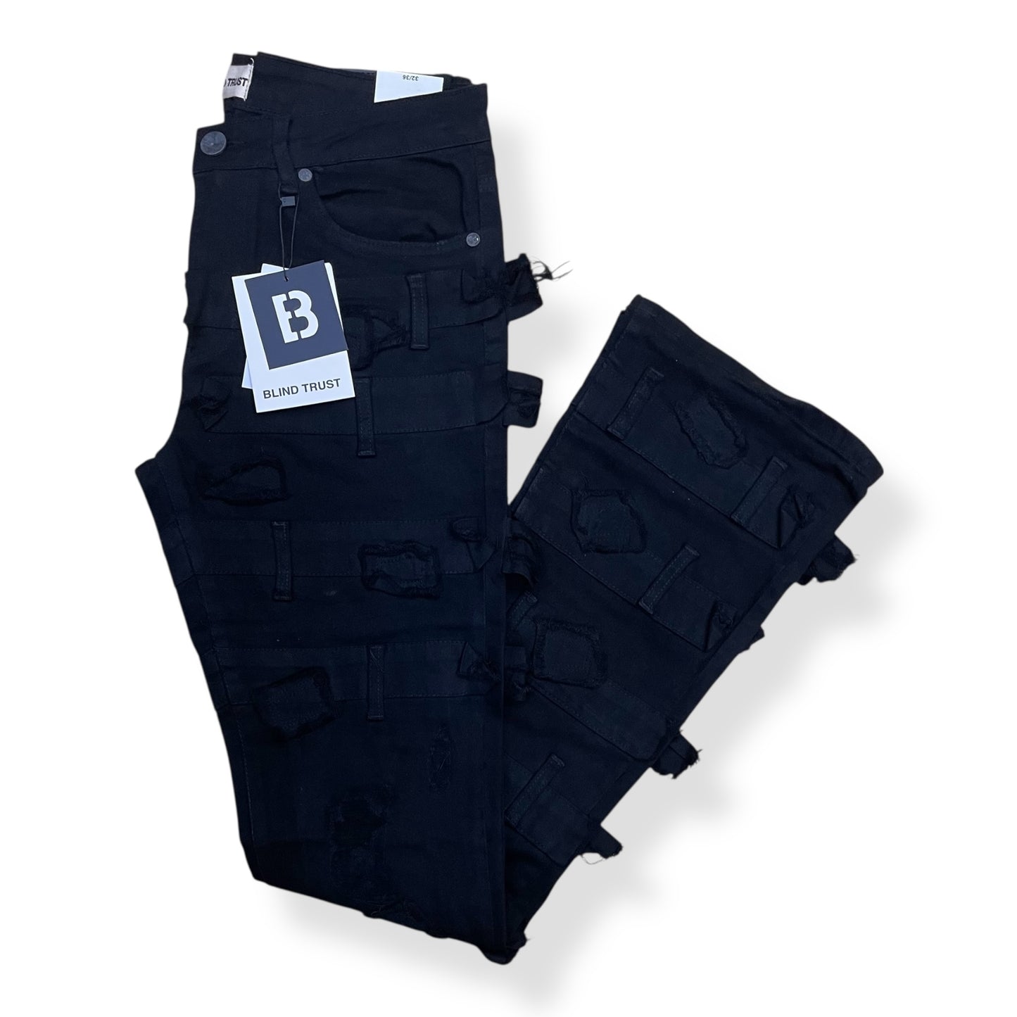 BTP25892 - Belted Pattern Stacked Flare Jeans