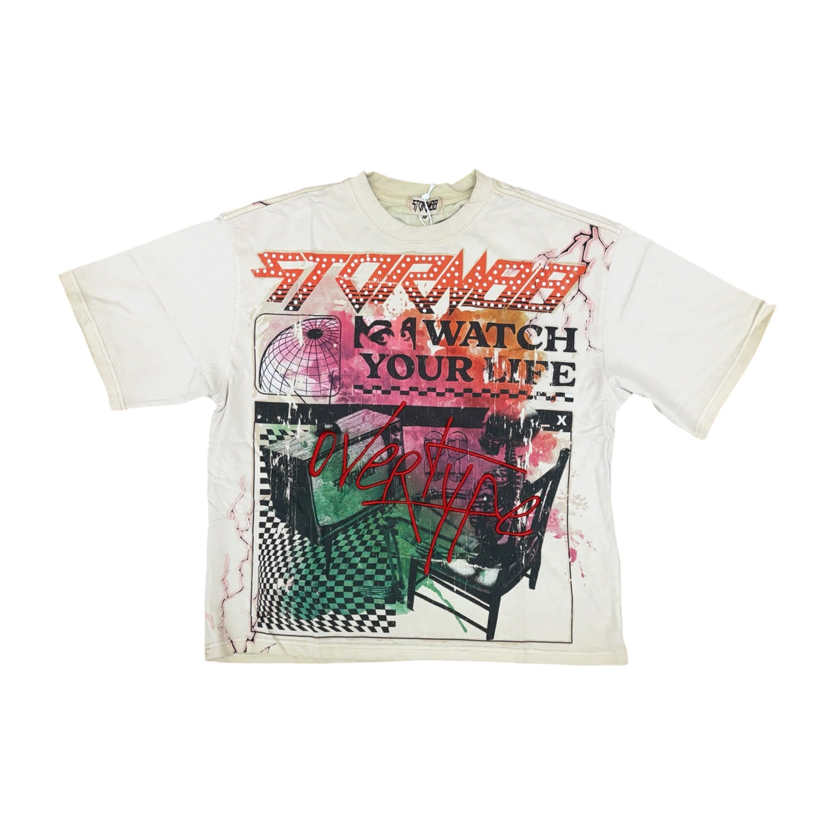 WH-ST8-015 - Watch Your Life Heavy Graphic Print & Pearl Effects Boxy Graphic Tee