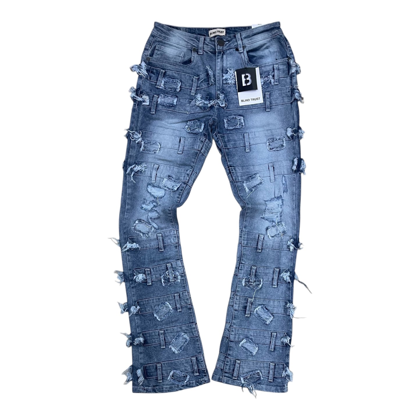 BTP25892 - Belted Pattern Stacked Flare Jeans