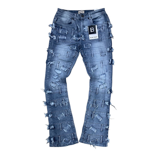 BTP25892 - Belted Pattern Stacked Flare Jeans