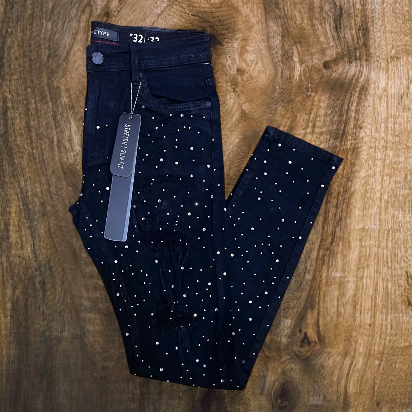 P547 - Rip & Repair All Over Rhinestone Slim-Fit Stretch Jeans