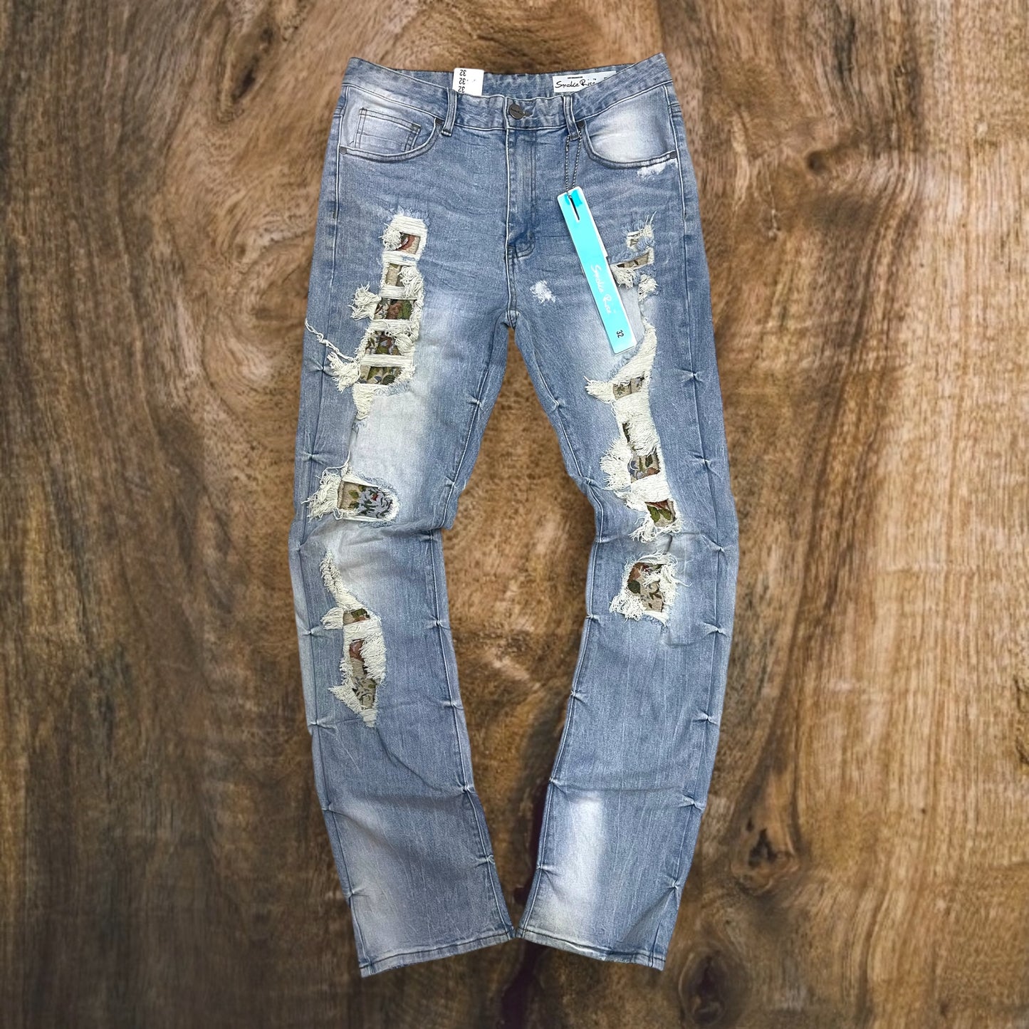 JP24614 - Smoke Rise Tapestry Appliques Straight Stacked Flare Jeans (Seville Blue)