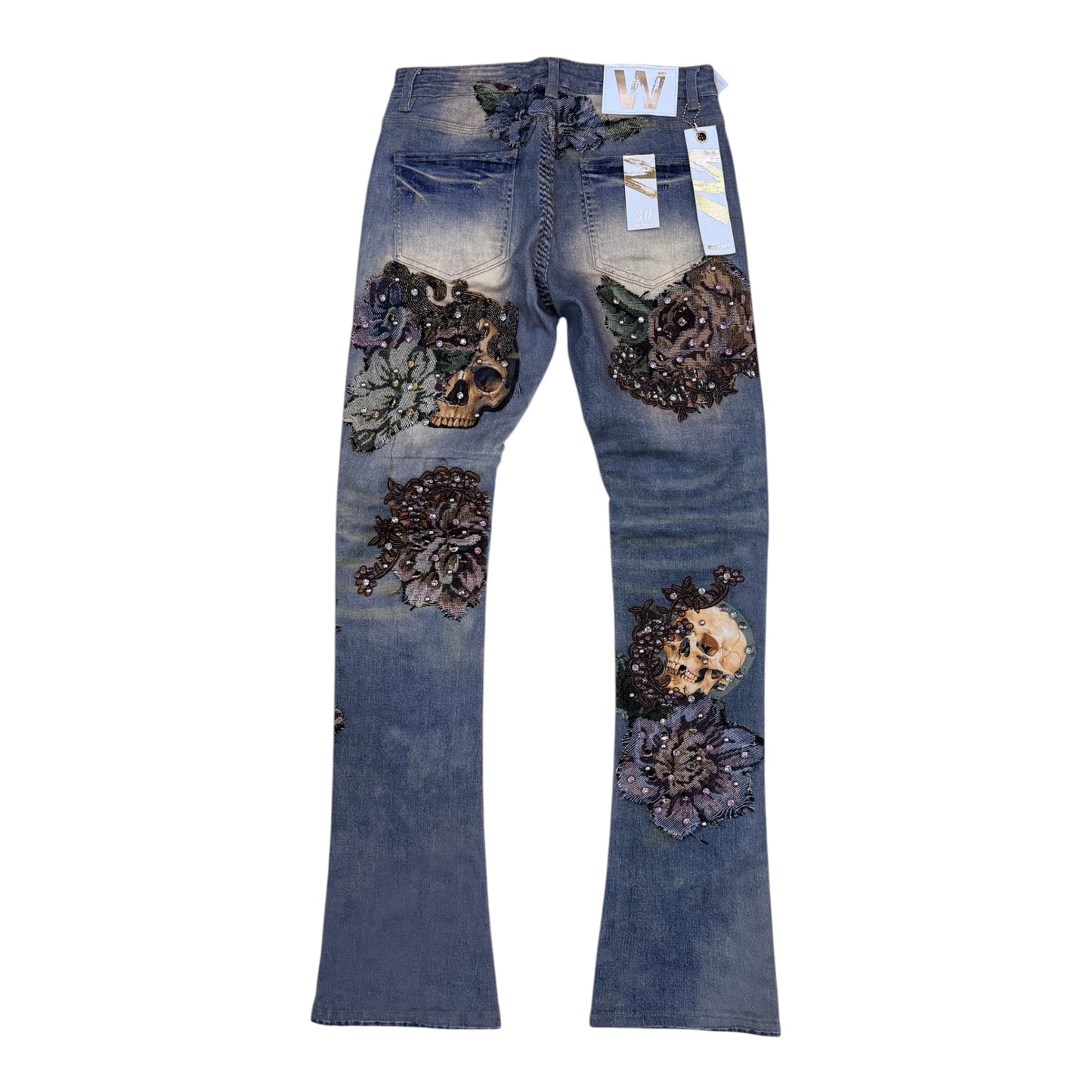 M8597D - Floral Embroidery & Skull with Multicolor Studs Stacked Flare Jeans
