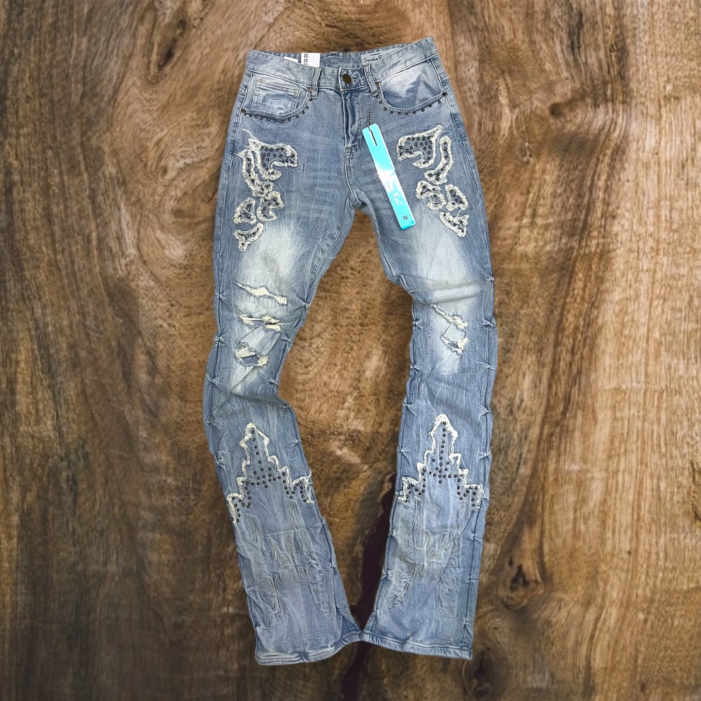 JP24622 - Smoke Rise Western Studded Lazy Flare Stacked Denim Jeans (Milky Blue)