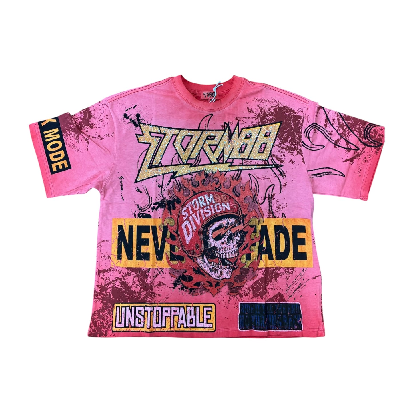 WH-ST8-017 - Storm88 with Rhinestone Heavy Print & Garment Wash Regular Fit Graphic Tee