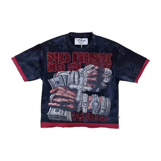 T1464 - No Risk No Glory with Rhinestones Cropped Top T-Shirt