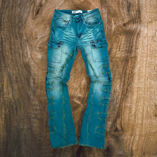 P232 - Color Washed Denim Stacked Flare Pants (Mint)