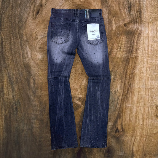 JP25536 - Fade Washed All Over Rhinestone Stacked Flare Jeans