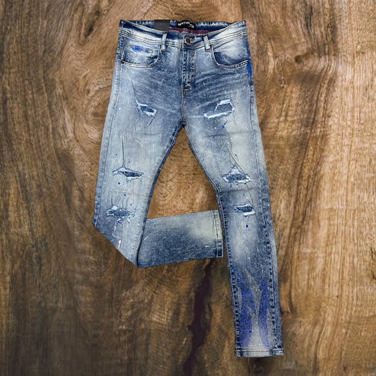 P2118 - Flame Rhine Stones with Rip n Repair Slim-Fit Stretch Jeans