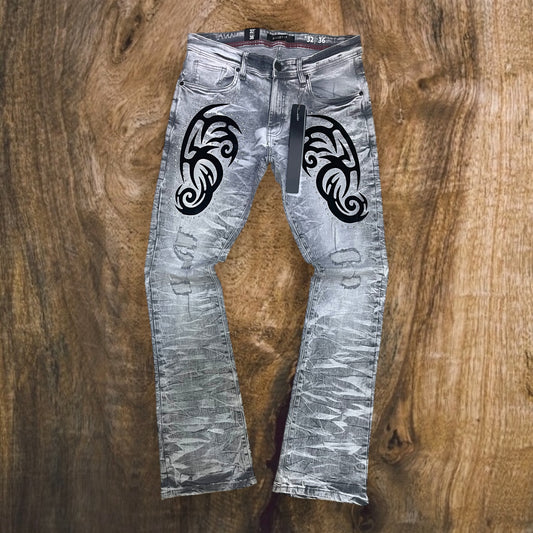 P545 - Tribal Flock with Studs Stretchable Stacked Flared Jeans