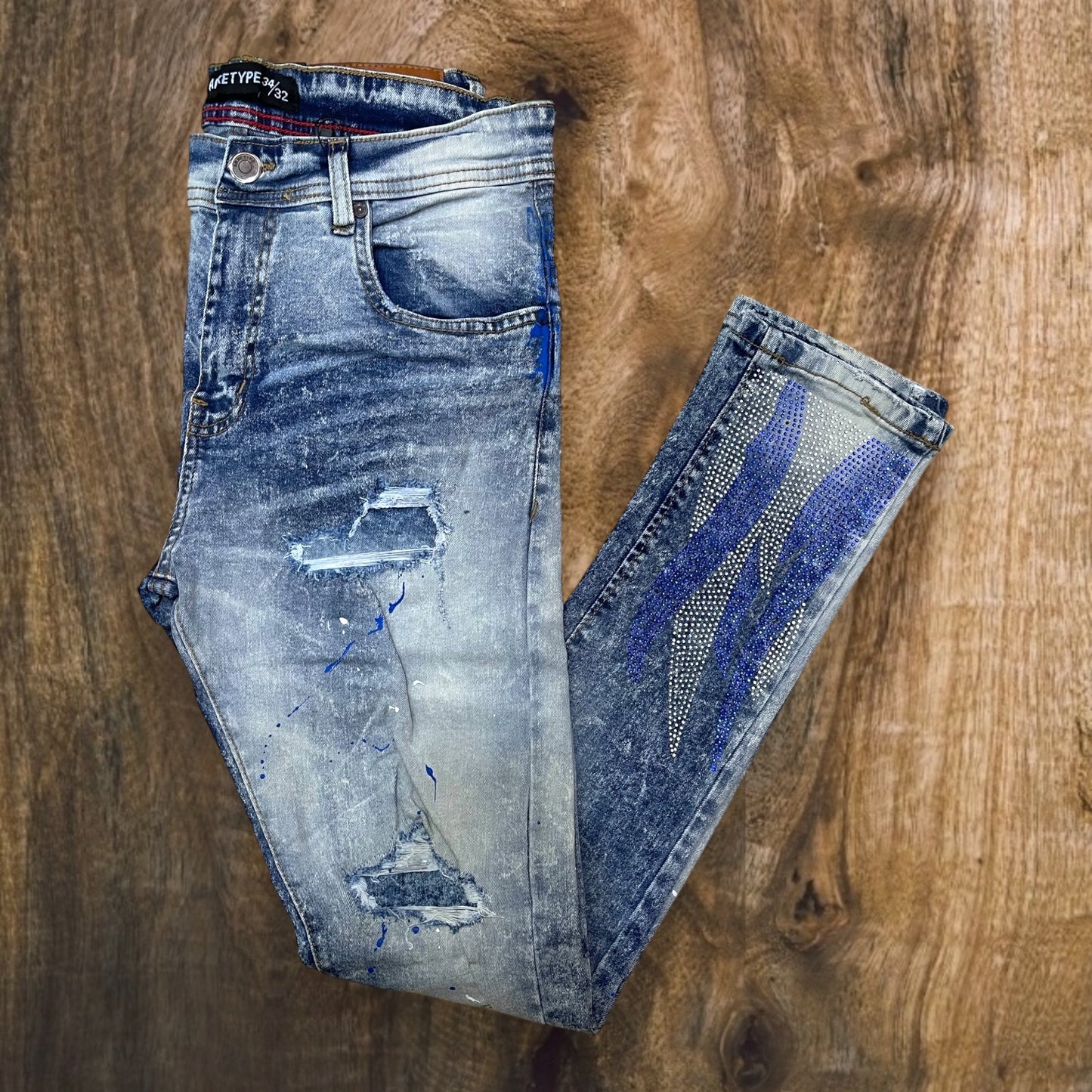 P2118 - Flame Rhine Stones with Rip n Repair Slim-Fit Stretch Jeans