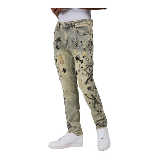 WH-M8730D - Embroidery Floral Print Slim-Fit Jeans