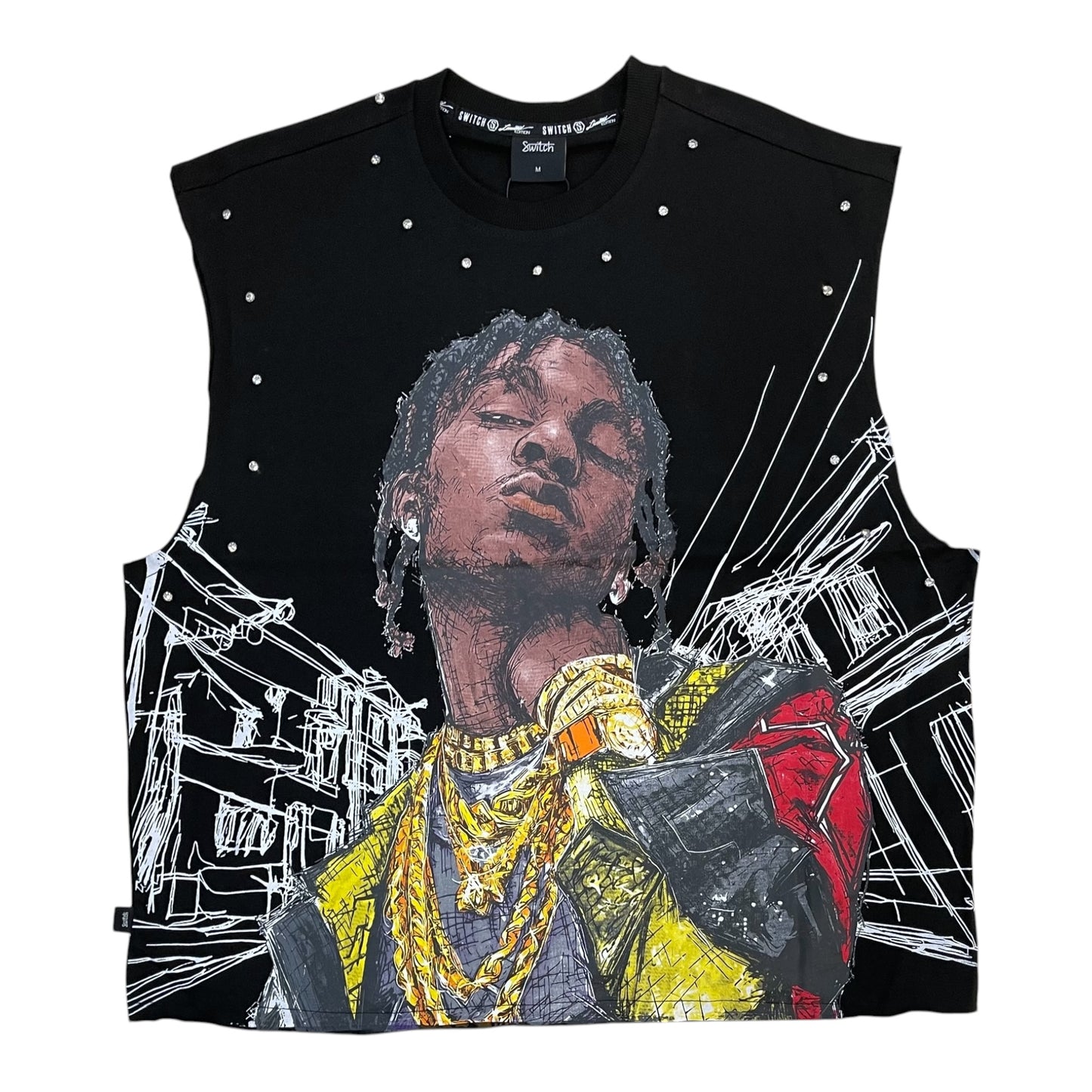 WH-SM6178 - No Fix Just Form Sleeveless Studded Graphic T-Shirt