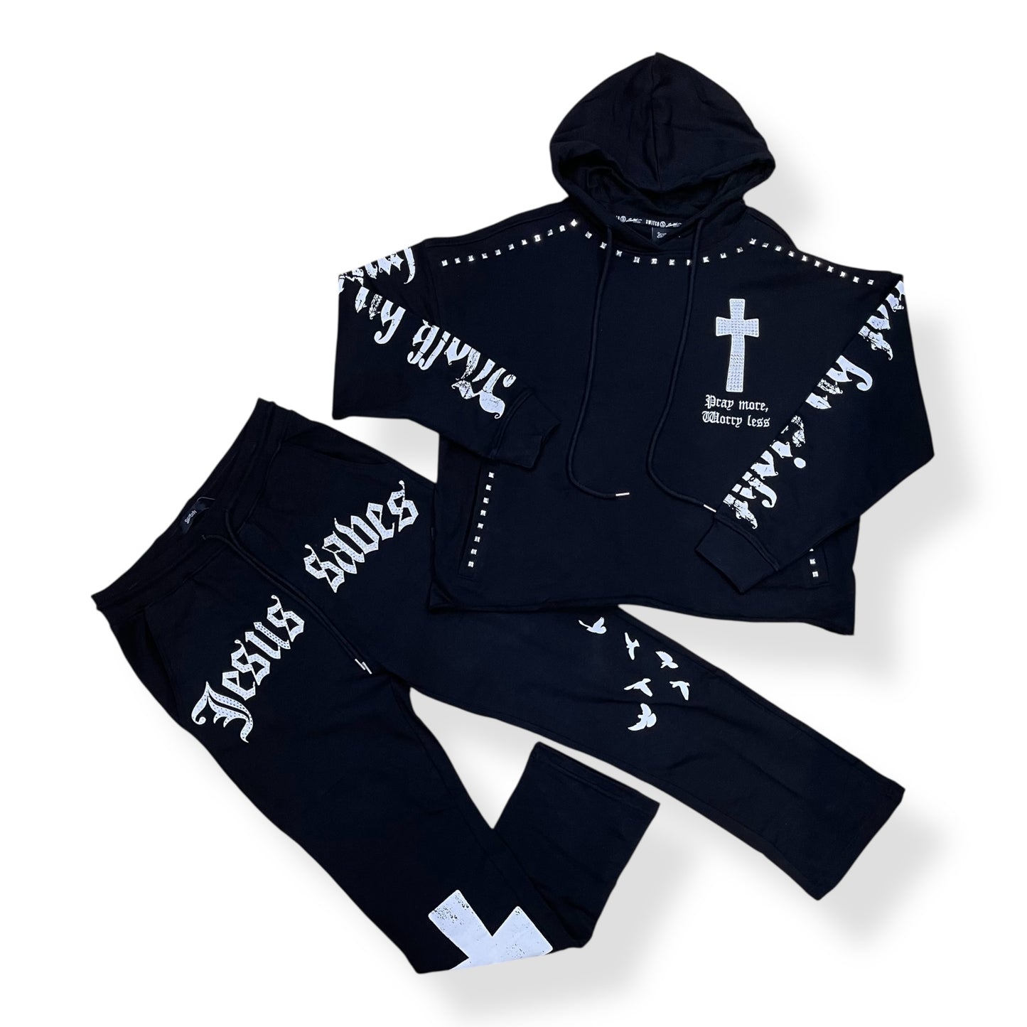 SW5241 - JESUS SAVES CROSS With Rhinestone Hoody & Stacked Fleece Pant (2 Piece Full Set)