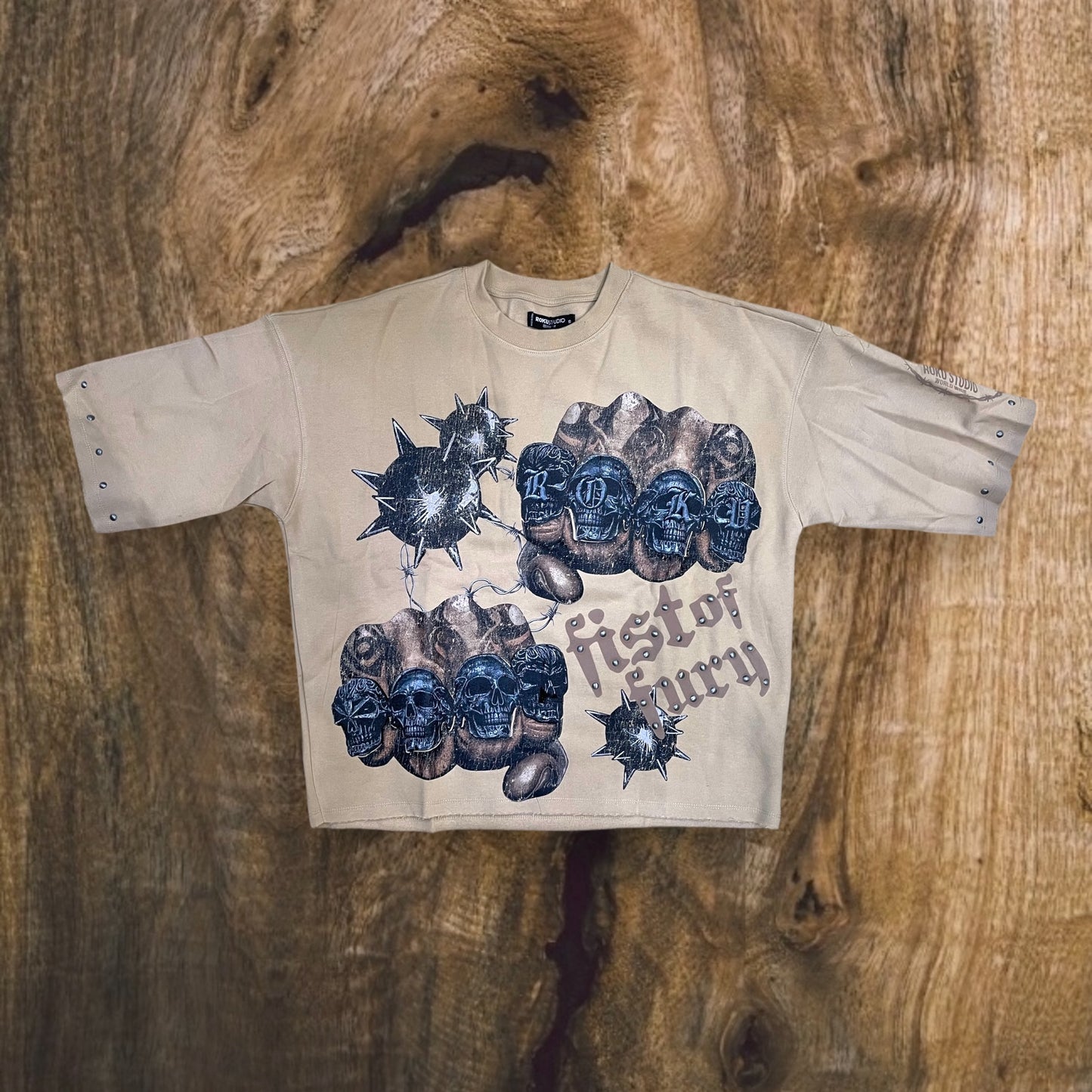 RK5481775 - FIST OF FURY with Studs Cropped Drop Shoulder Fleece Crewneck