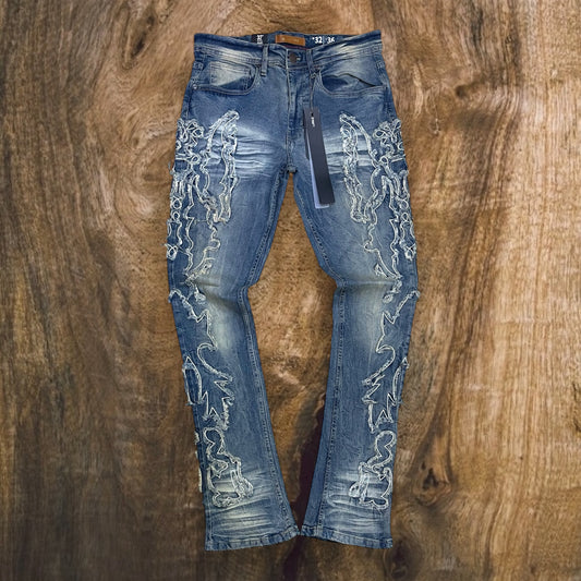 P541 - WWW Heavy Frayed Stretchable Stacked Flared Jeans