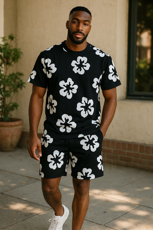 151-160 - Flower Oversized T-Shirt Shorts SET (Black)