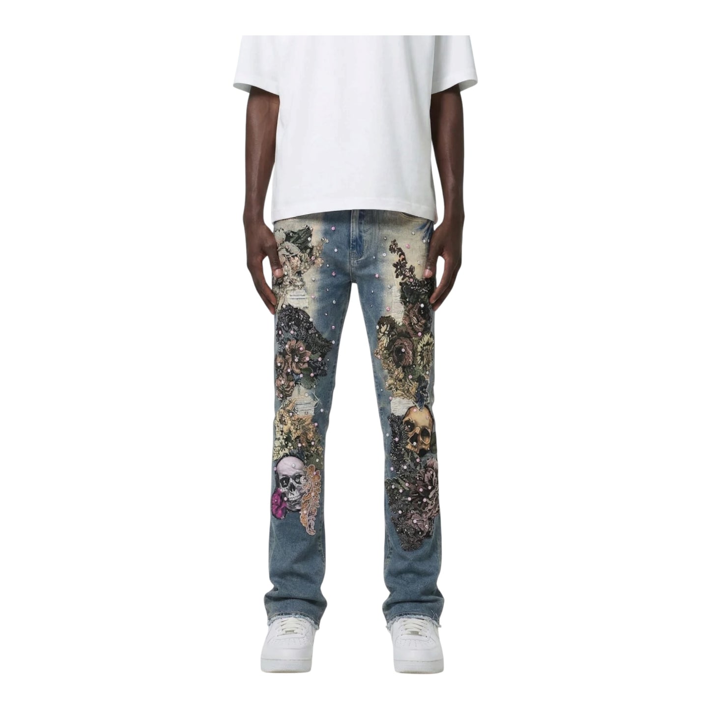 M8597D - Floral Embroidery & Skull with Multicolor Studs Stacked Flare Jeans