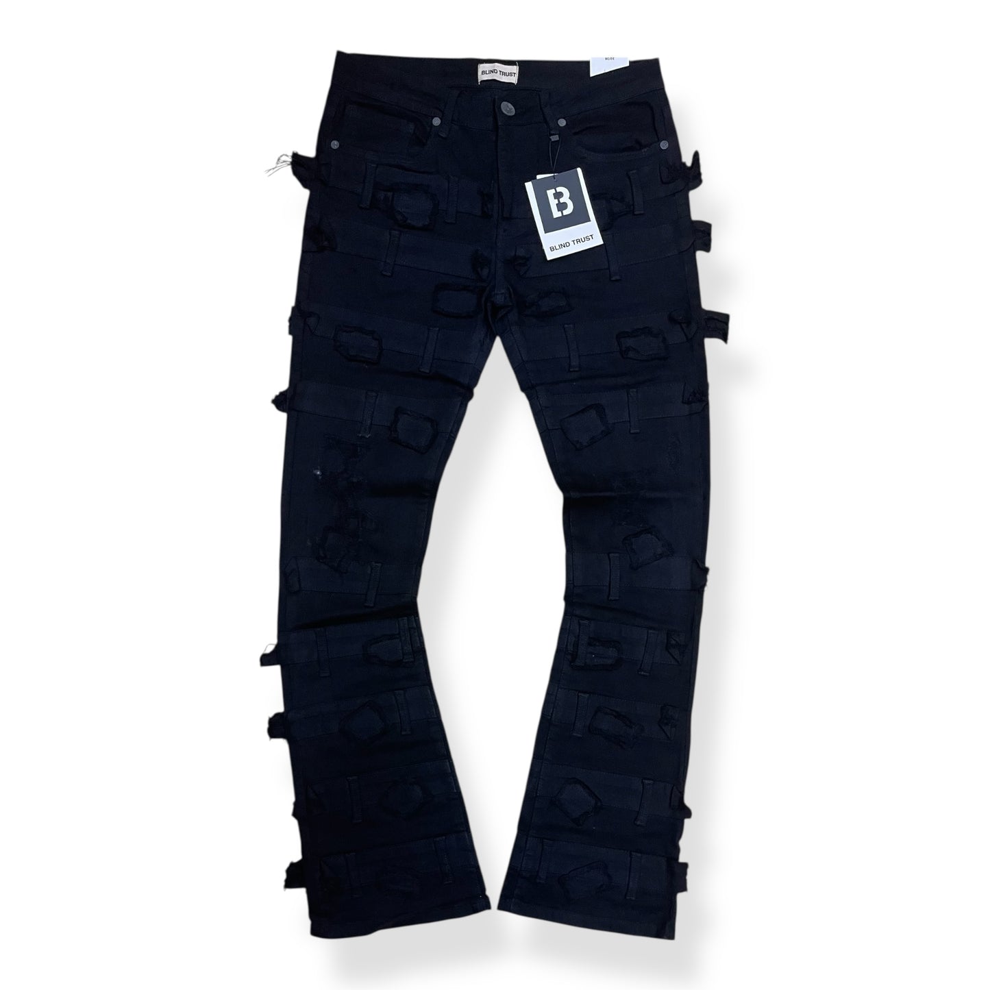 BTP25892 - Belted Pattern Stacked Flare Jeans