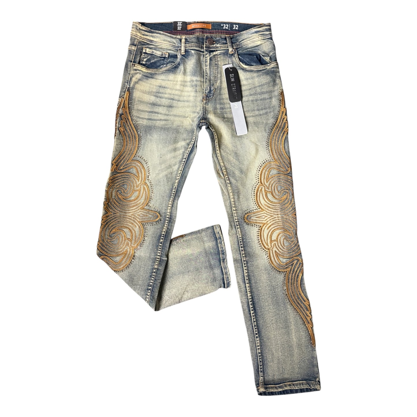 WH-P568 - Ornate Embroidered with Rhinestones Slim Straight-Fit Stretch Jeans