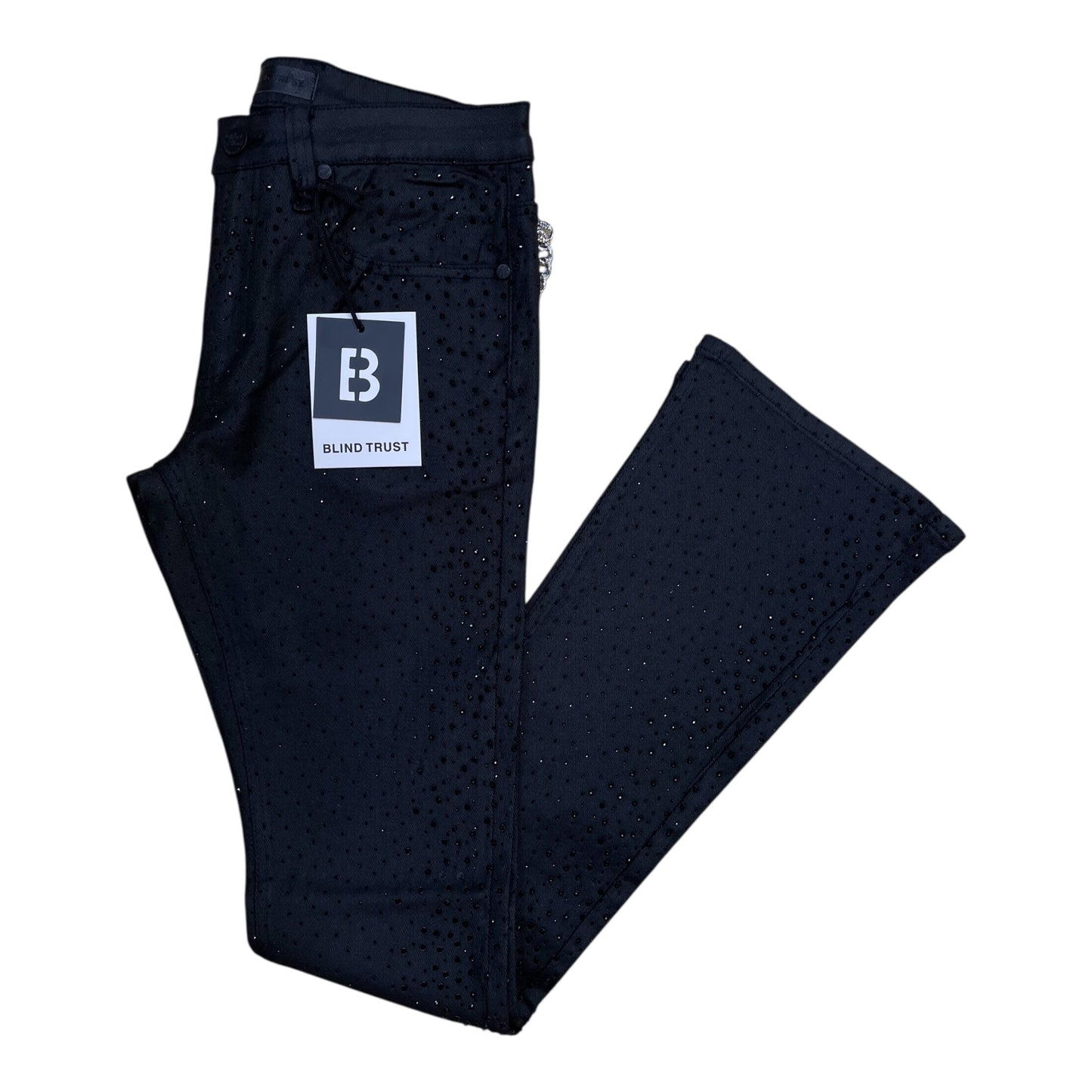 BTP26985 - Allover Rhinestone Wax Coated Stretch Stacked Flare Jeans with Silver Side Chain