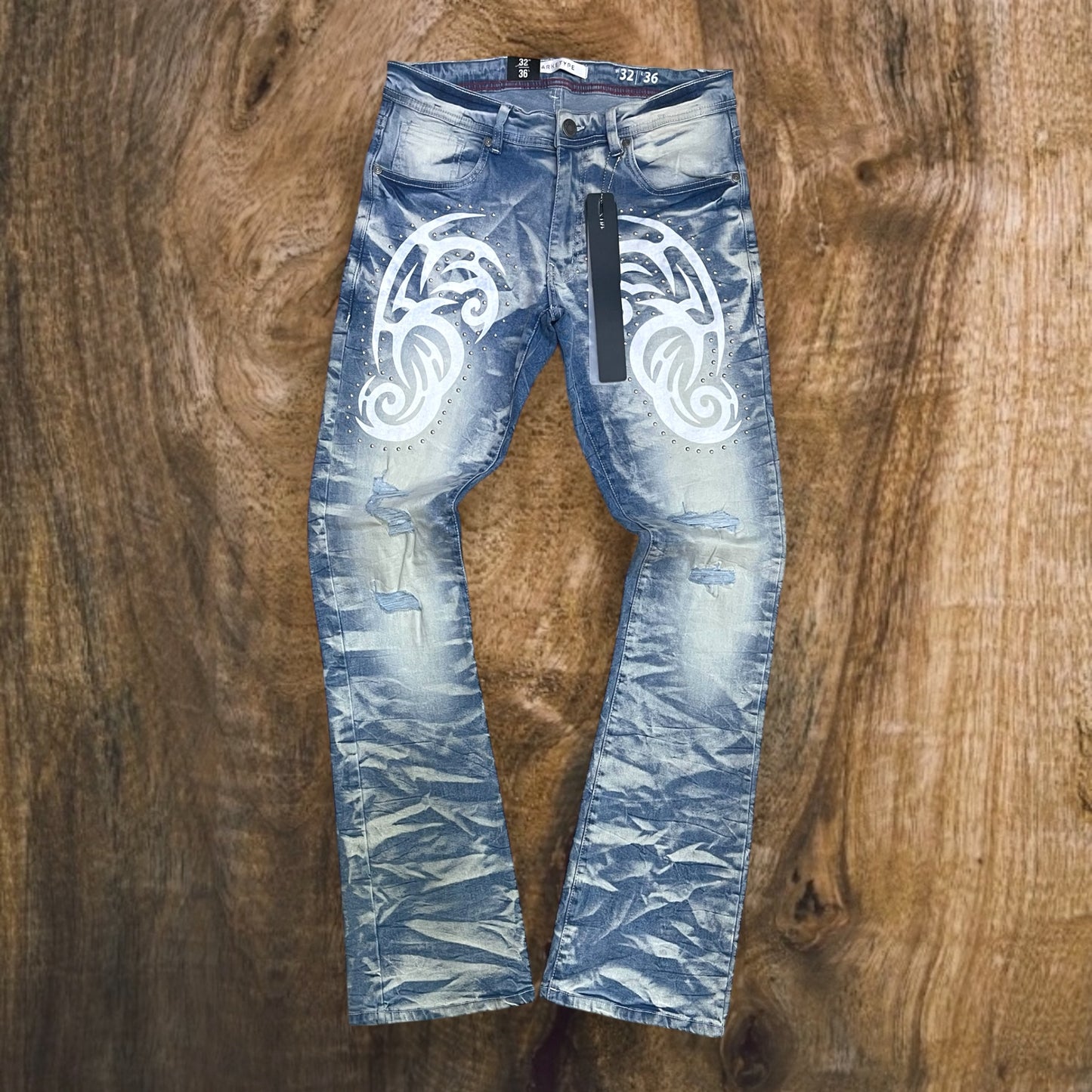 P545 - Tribal Flock with Studs Stretchable Stacked Flared Jeans