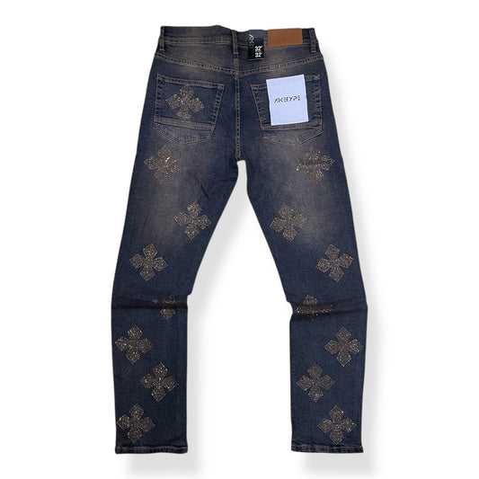 P553 - Cross Pattern Rhinestone Slim Straight-Fit Stretch Jeans