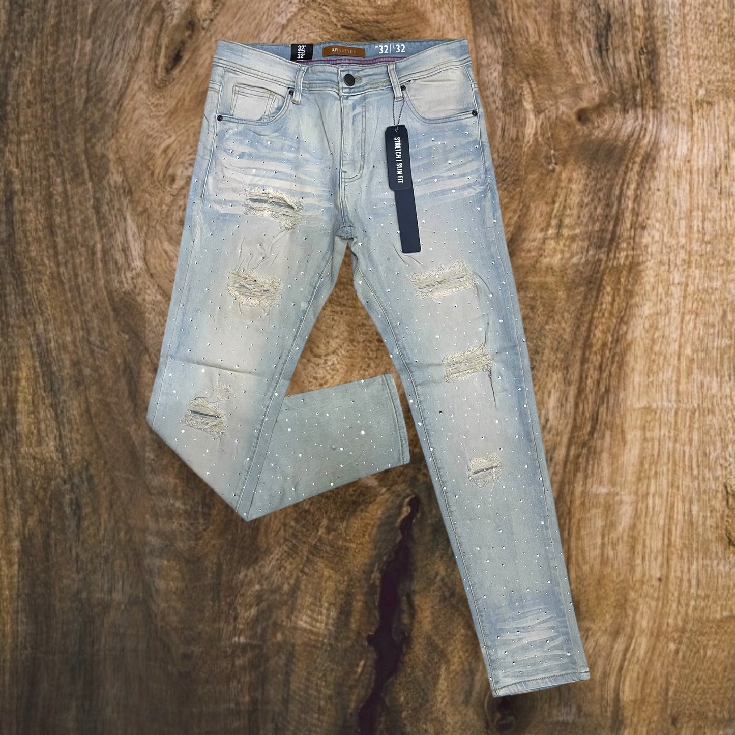 P547 - Rip & Repair All Over Rhinestone Slim-Fit Stretch Jeans