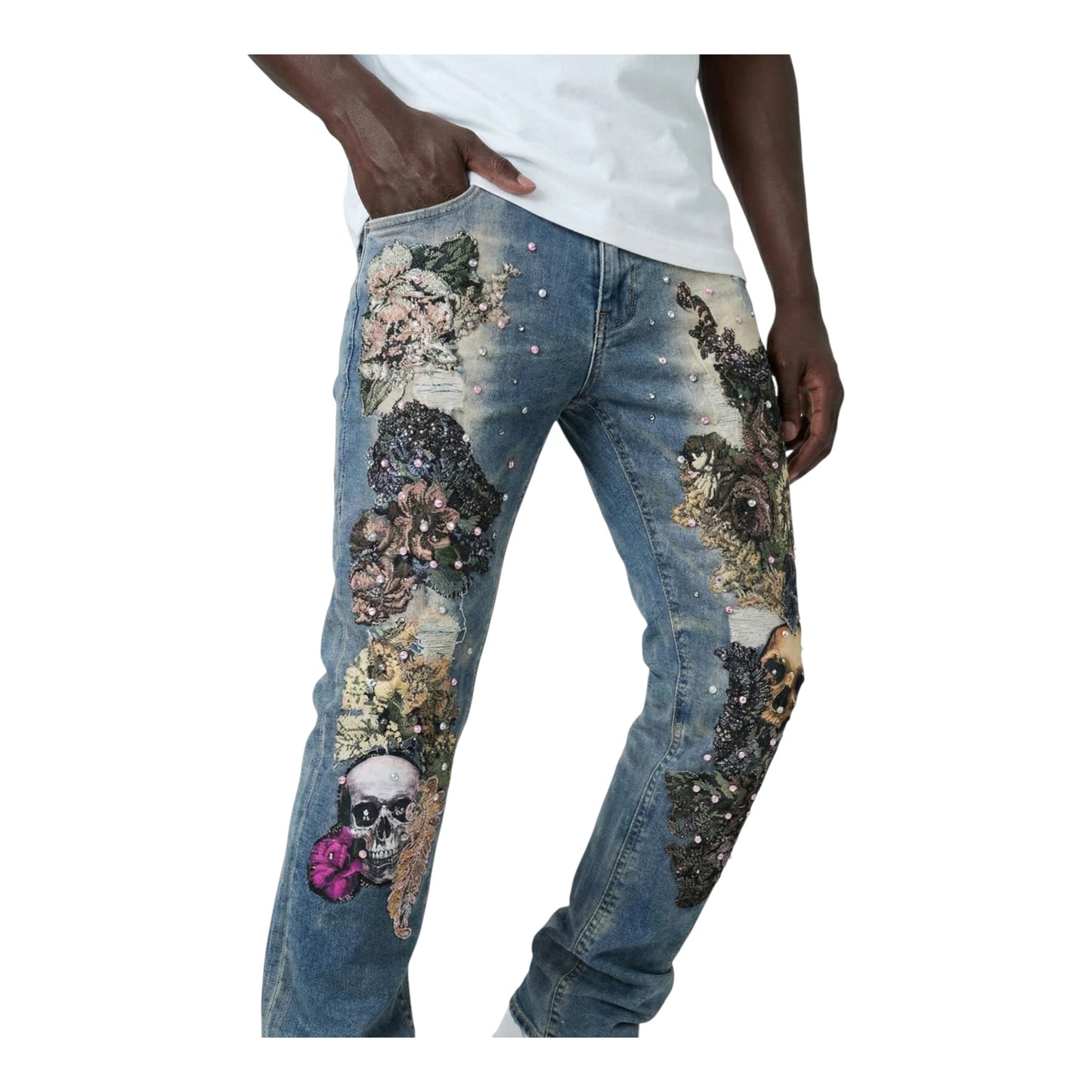 M8597D - Floral Embroidery & Skull with Multicolor Studs Stacked Flare Jeans
